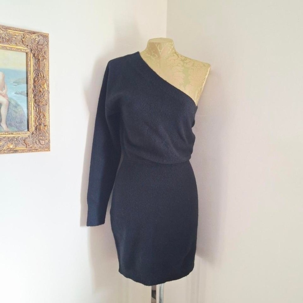 Open Edit black fuzzy knit one shoulder‎ mini dress stretchy relaxed fit XS